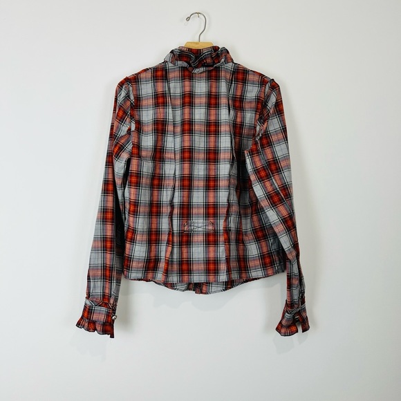 Mulberry Red and Blue Tartan Check Ruffle Front Classic Cotton Shirt UK 16 - Picture 11 of 13